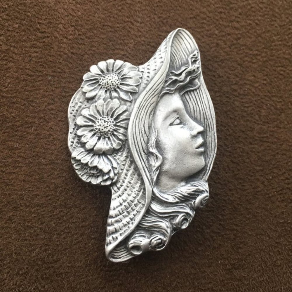 Elegant Profile of Woman Wearing Hat Pewter Pin